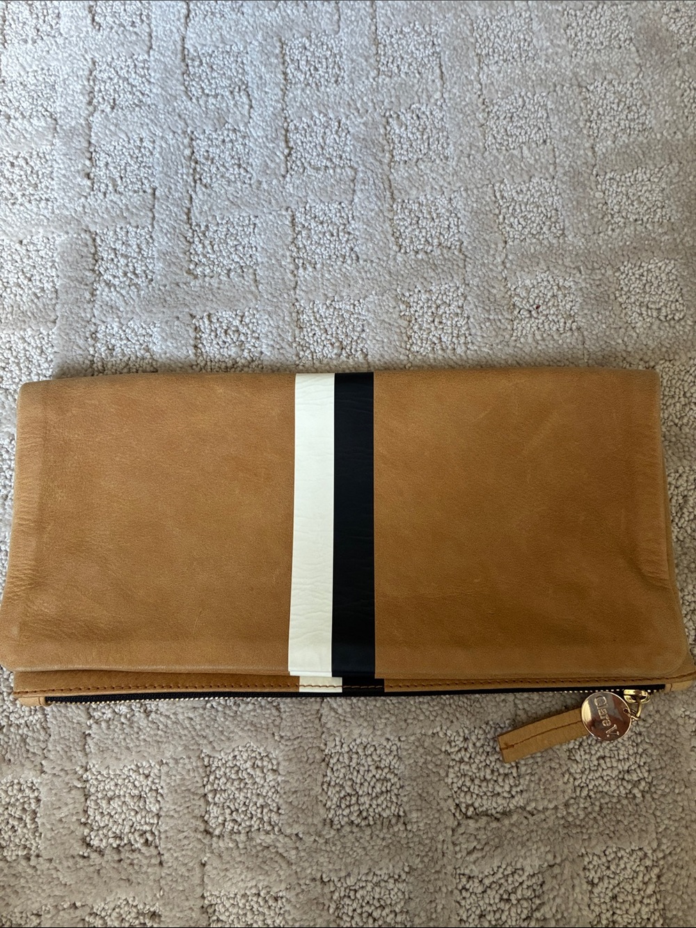 Clare V Foldover Clutch Tan with Black and White Stripe Gold Hardware - Picture 2 of 5
